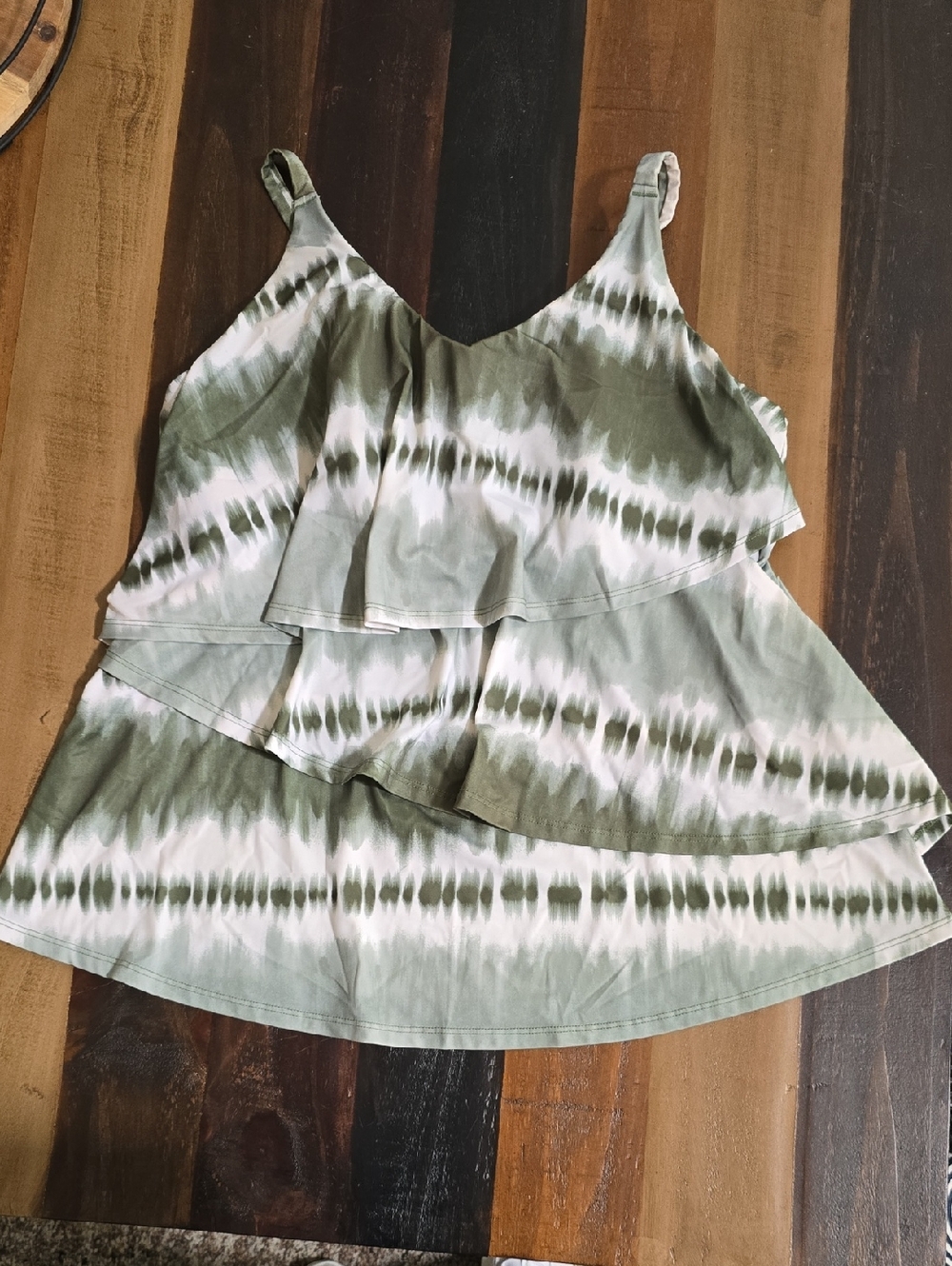 Cacique Olive Green and White Tie-Dye Tiered Tankini Top